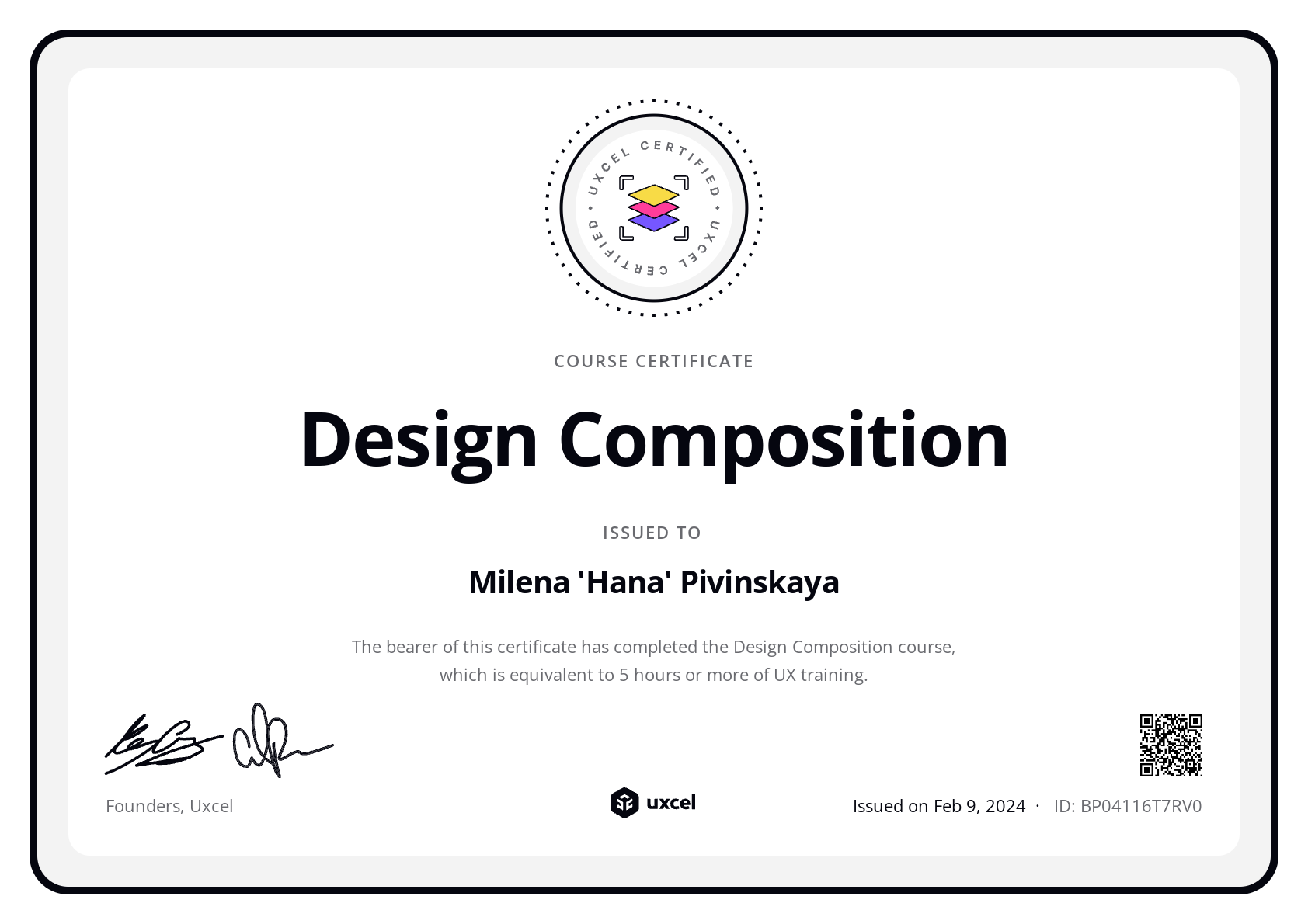 Milena 'Hana' Pivinskaya's certificate